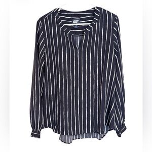 Lands’ End Striped Blouse Size 14 Navy White Long Sleeve Split Neck top